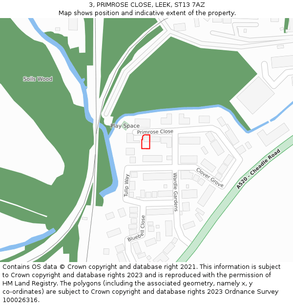 3, PRIMROSE CLOSE, LEEK, ST13 7AZ: Location map and indicative extent of plot
