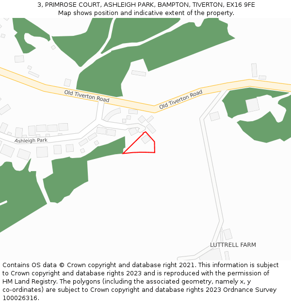 3, PRIMROSE COURT, ASHLEIGH PARK, BAMPTON, TIVERTON, EX16 9FE: Location map and indicative extent of plot