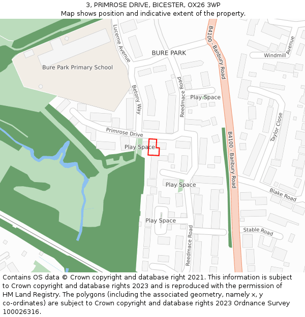 3, PRIMROSE DRIVE, BICESTER, OX26 3WP: Location map and indicative extent of plot