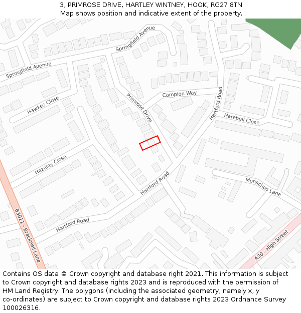 3, PRIMROSE DRIVE, HARTLEY WINTNEY, HOOK, RG27 8TN: Location map and indicative extent of plot