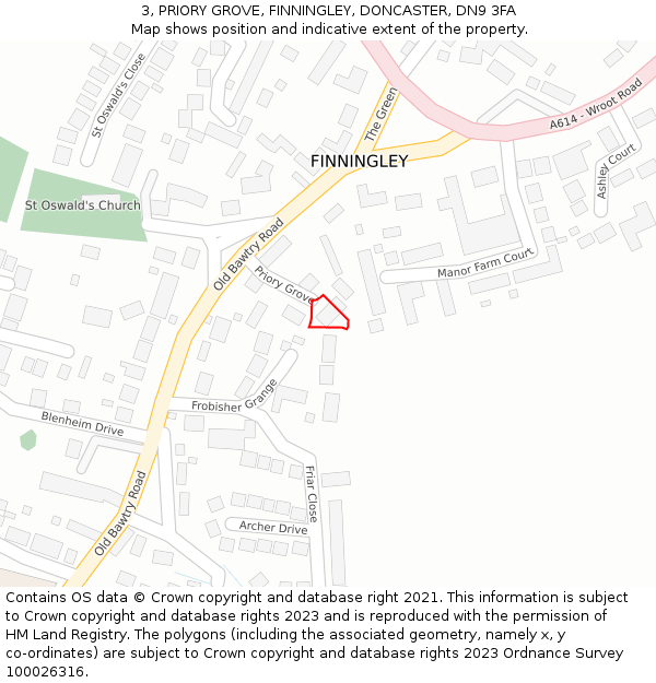 3, PRIORY GROVE, FINNINGLEY, DONCASTER, DN9 3FA: Location map and indicative extent of plot