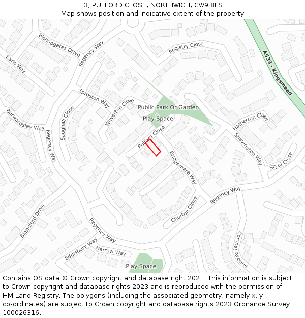 3, PULFORD CLOSE, NORTHWICH, CW9 8FS: Location map and indicative extent of plot
