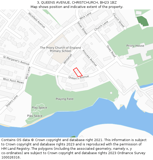 3, QUEENS AVENUE, CHRISTCHURCH, BH23 1BZ: Location map and indicative extent of plot
