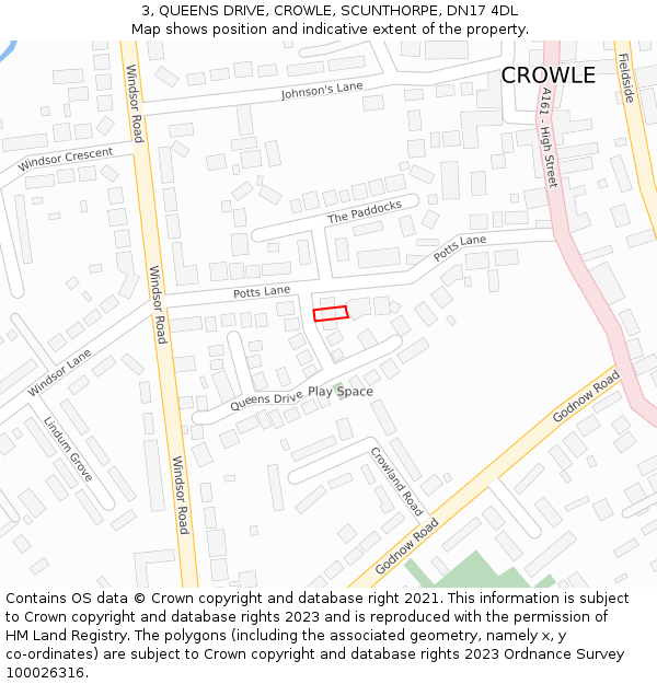 3, QUEENS DRIVE, CROWLE, SCUNTHORPE, DN17 4DL: Location map and indicative extent of plot