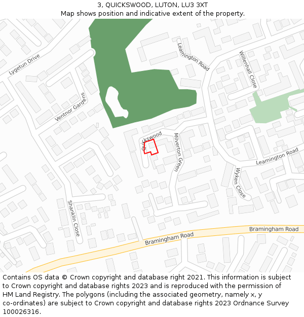 3, QUICKSWOOD, LUTON, LU3 3XT: Location map and indicative extent of plot