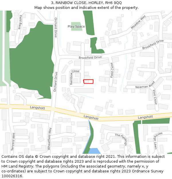 3, RAINBOW CLOSE, HORLEY, RH6 9QQ: Location map and indicative extent of plot