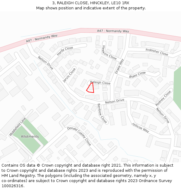 3, RALEIGH CLOSE, HINCKLEY, LE10 1RX: Location map and indicative extent of plot