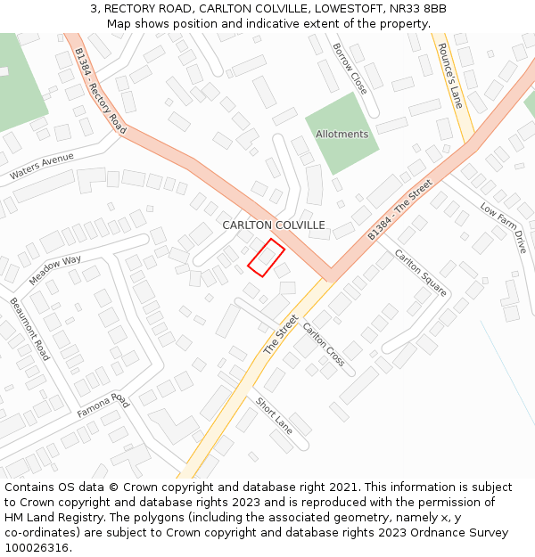 3, RECTORY ROAD, CARLTON COLVILLE, LOWESTOFT, NR33 8BB: Location map and indicative extent of plot