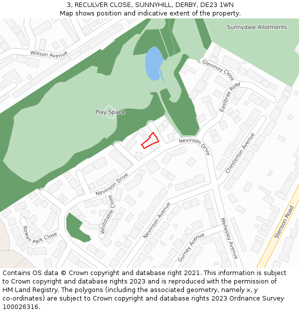 3, RECULVER CLOSE, SUNNYHILL, DERBY, DE23 1WN: Location map and indicative extent of plot
