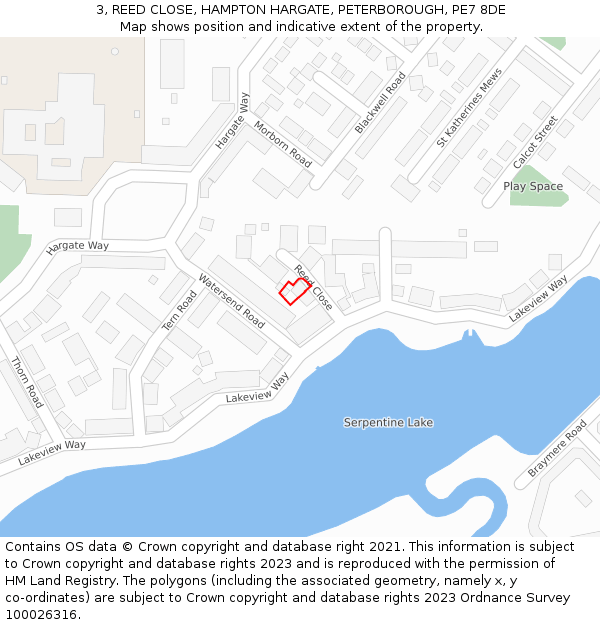 3, REED CLOSE, HAMPTON HARGATE, PETERBOROUGH, PE7 8DE: Location map and indicative extent of plot
