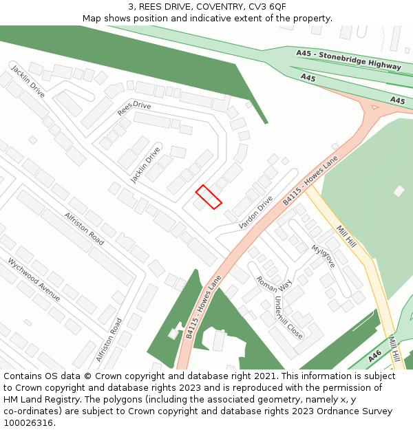 3, REES DRIVE, COVENTRY, CV3 6QF: Location map and indicative extent of plot