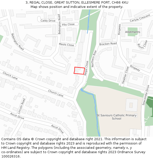 3, REGAL CLOSE, GREAT SUTTON, ELLESMERE PORT, CH66 4XU: Location map and indicative extent of plot