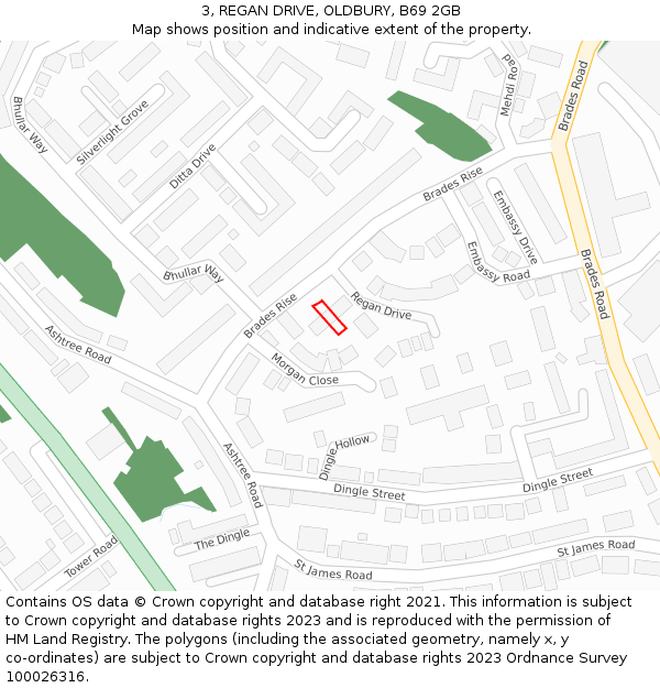 3, REGAN DRIVE, OLDBURY, B69 2GB: Location map and indicative extent of plot