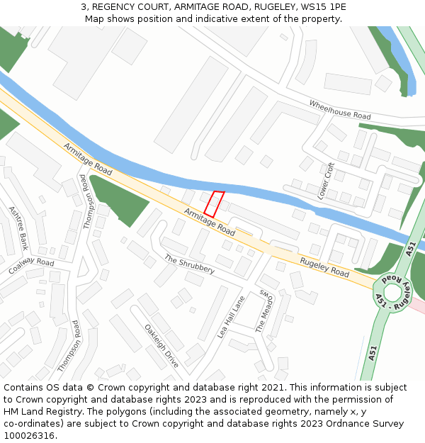 3, REGENCY COURT, ARMITAGE ROAD, RUGELEY, WS15 1PE: Location map and indicative extent of plot