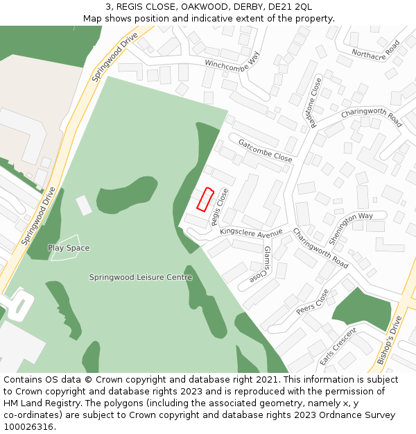 3, REGIS CLOSE, OAKWOOD, DERBY, DE21 2QL: Location map and indicative extent of plot