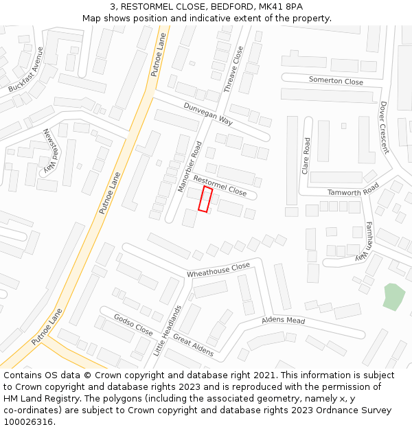 3, RESTORMEL CLOSE, BEDFORD, MK41 8PA: Location map and indicative extent of plot
