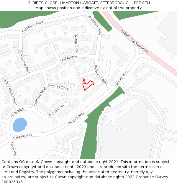 3, RIBES CLOSE, HAMPTON HARGATE, PETERBOROUGH, PE7 8EH: Location map and indicative extent of plot