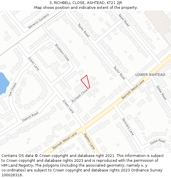3, RICHBELL CLOSE, ASHTEAD, KT21 2JR: Location map and indicative extent of plot