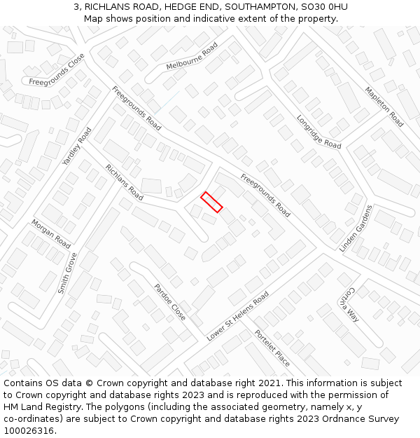 3, RICHLANS ROAD, HEDGE END, SOUTHAMPTON, SO30 0HU: Location map and indicative extent of plot