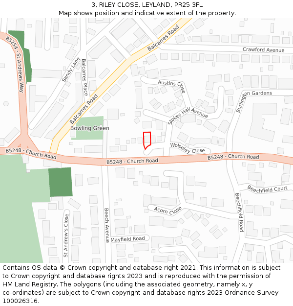 3, RILEY CLOSE, LEYLAND, PR25 3FL: Location map and indicative extent of plot