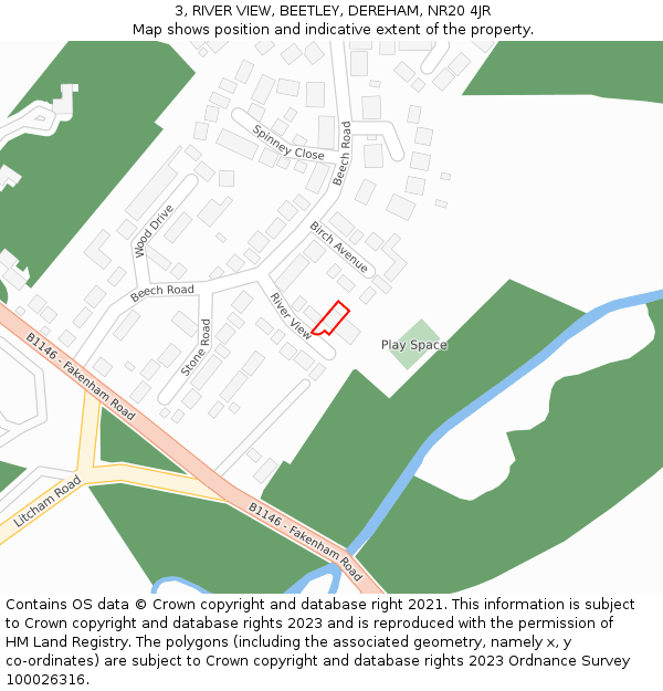 3, RIVER VIEW, BEETLEY, DEREHAM, NR20 4JR: Location map and indicative extent of plot