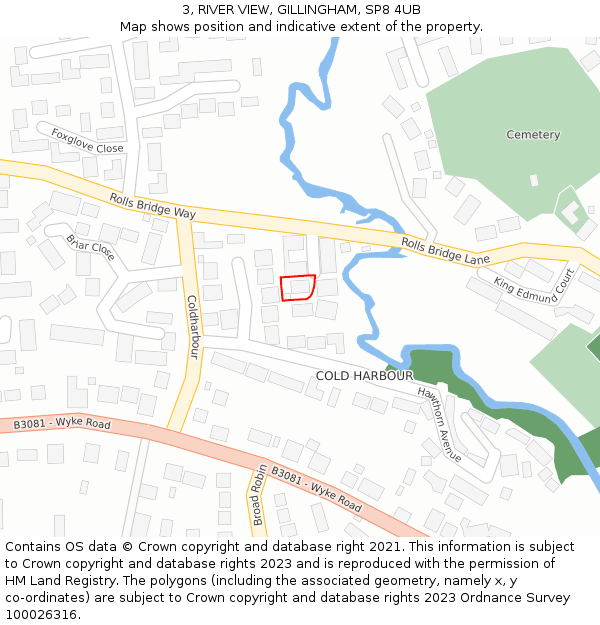 3, RIVER VIEW, GILLINGHAM, SP8 4UB: Location map and indicative extent of plot