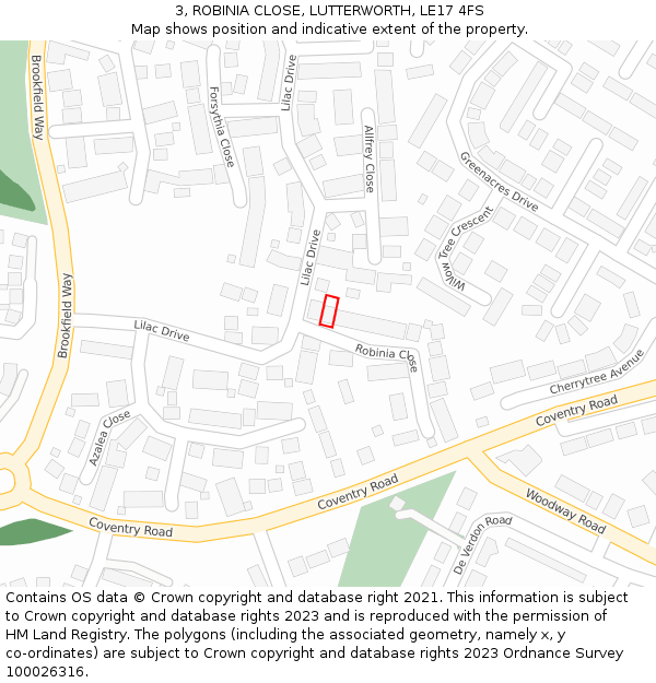 3, ROBINIA CLOSE, LUTTERWORTH, LE17 4FS: Location map and indicative extent of plot