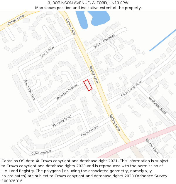 3, ROBINSON AVENUE, ALFORD, LN13 0PW: Location map and indicative extent of plot
