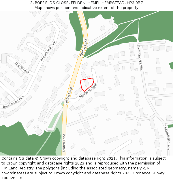 3, ROEFIELDS CLOSE, FELDEN, HEMEL HEMPSTEAD, HP3 0BZ: Location map and indicative extent of plot
