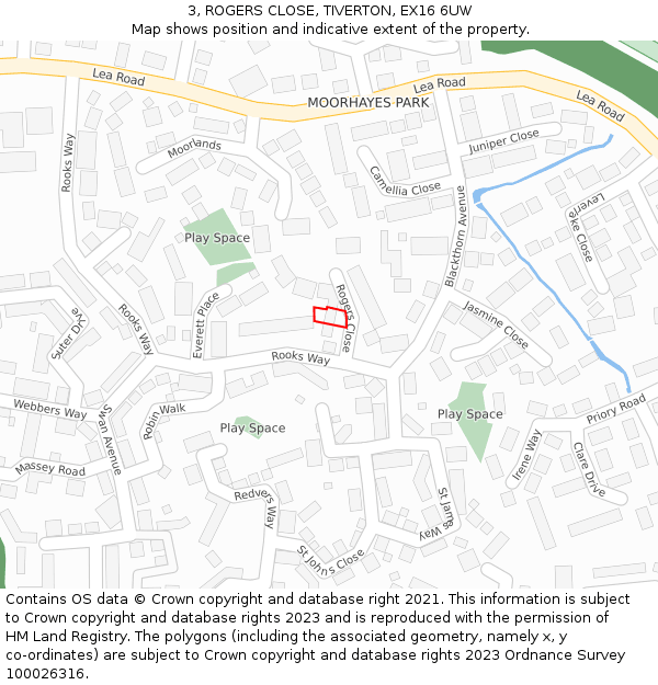 3, ROGERS CLOSE, TIVERTON, EX16 6UW: Location map and indicative extent of plot