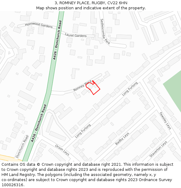 3, ROMNEY PLACE, RUGBY, CV22 6HN: Location map and indicative extent of plot