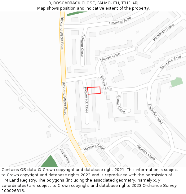 3, ROSCARRACK CLOSE, FALMOUTH, TR11 4PJ: Location map and indicative extent of plot