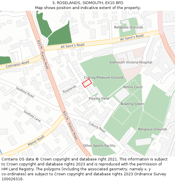 3, ROSELANDS, SIDMOUTH, EX10 8PD: Location map and indicative extent of plot