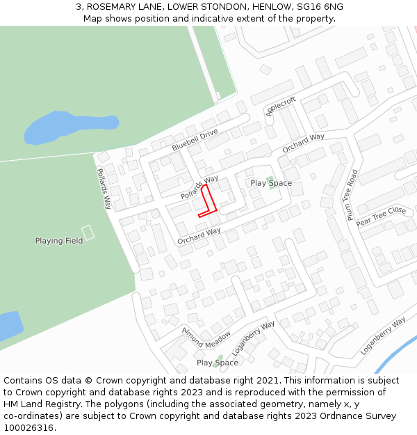 3, ROSEMARY LANE, LOWER STONDON, HENLOW, SG16 6NG: Location map and indicative extent of plot