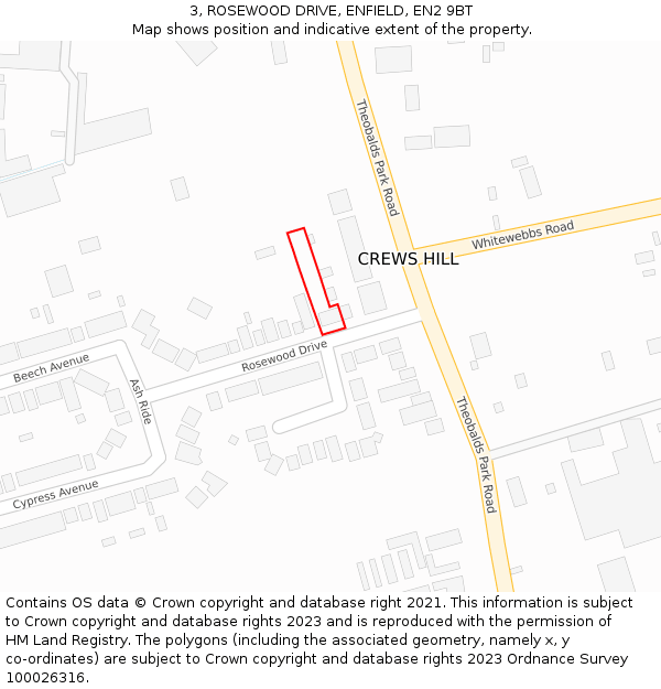 3, ROSEWOOD DRIVE, ENFIELD, EN2 9BT: Location map and indicative extent of plot
