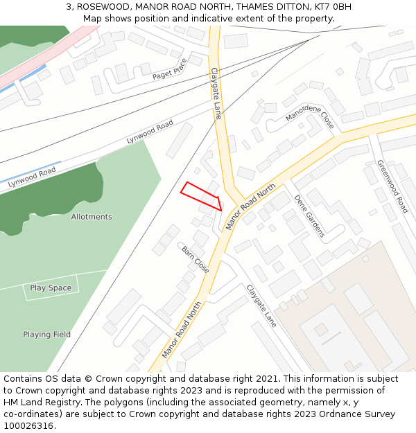 3, ROSEWOOD, MANOR ROAD NORTH, THAMES DITTON, KT7 0BH: Location map and indicative extent of plot