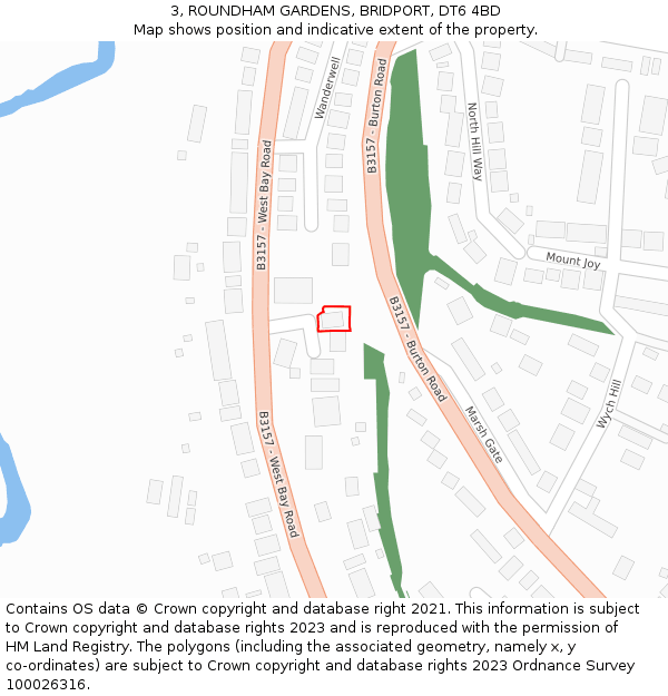 3, ROUNDHAM GARDENS, BRIDPORT, DT6 4BD: Location map and indicative extent of plot