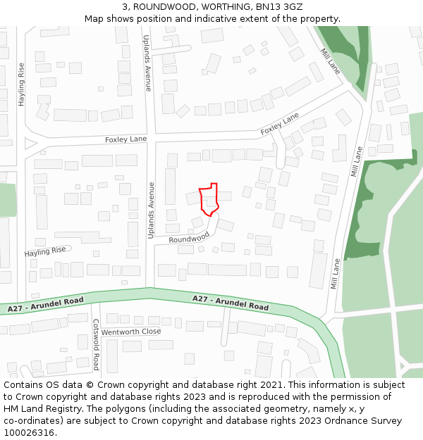 3, ROUNDWOOD, WORTHING, BN13 3GZ: Location map and indicative extent of plot