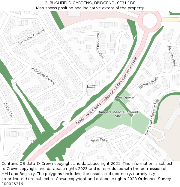 3, RUSHFIELD GARDENS, BRIDGEND, CF31 1DE: Location map and indicative extent of plot