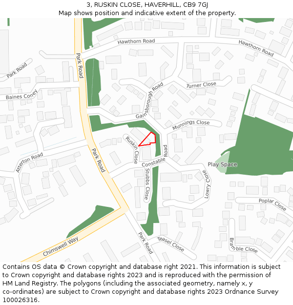 3, RUSKIN CLOSE, HAVERHILL, CB9 7GJ: Location map and indicative extent of plot