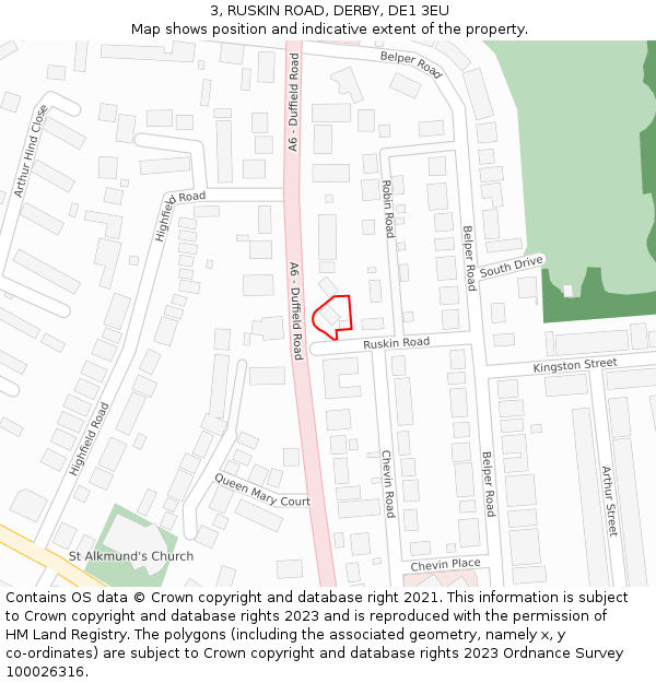 3, RUSKIN ROAD, DERBY, DE1 3EU: Location map and indicative extent of plot