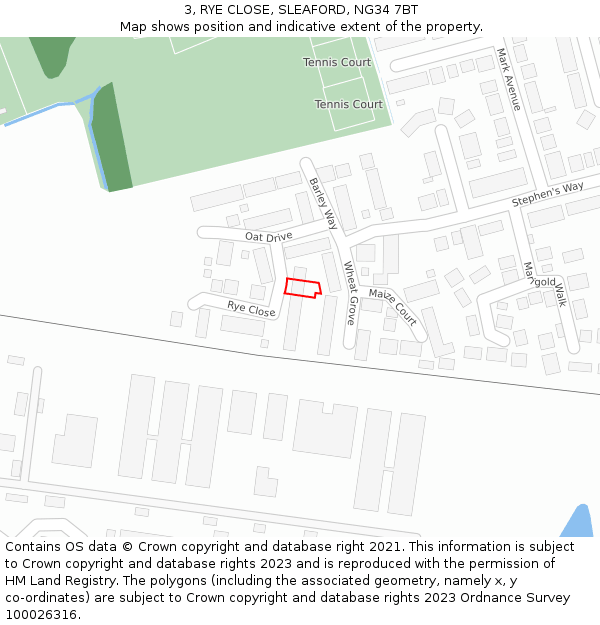 3, RYE CLOSE, SLEAFORD, NG34 7BT: Location map and indicative extent of plot