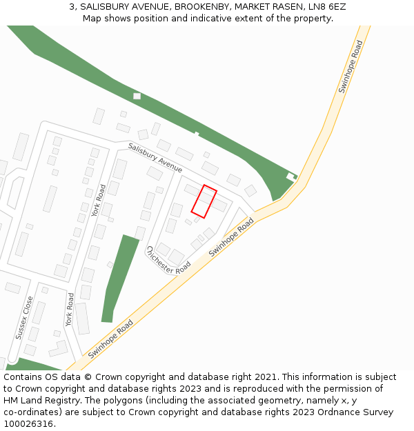 3, SALISBURY AVENUE, BROOKENBY, MARKET RASEN, LN8 6EZ: Location map and indicative extent of plot