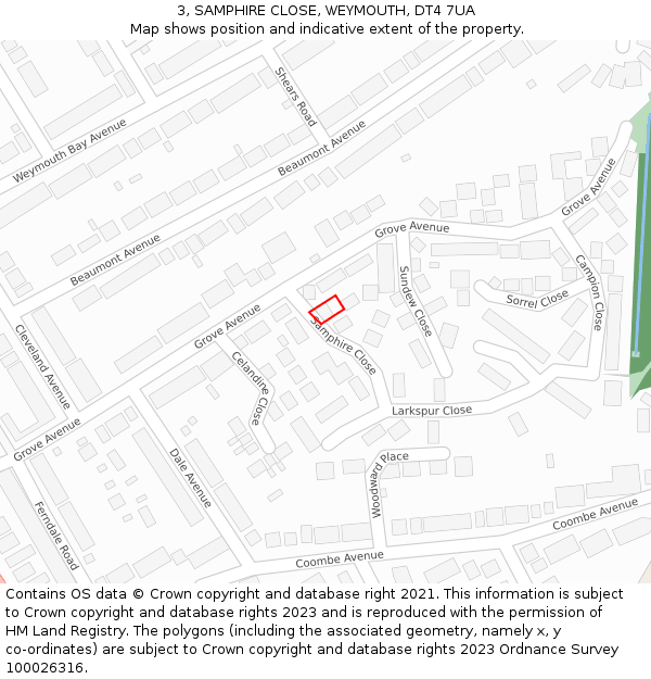 3, SAMPHIRE CLOSE, WEYMOUTH, DT4 7UA: Location map and indicative extent of plot