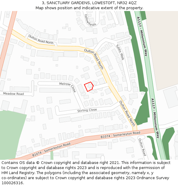 3, SANCTUARY GARDENS, LOWESTOFT, NR32 4QZ: Location map and indicative extent of plot