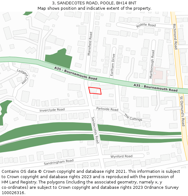 3, SANDECOTES ROAD, POOLE, BH14 8NT: Location map and indicative extent of plot