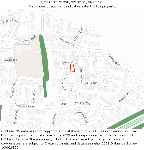 3, SCARLET CLOSE, SWINDON, SN25 4ZH: Location map and indicative extent of plot