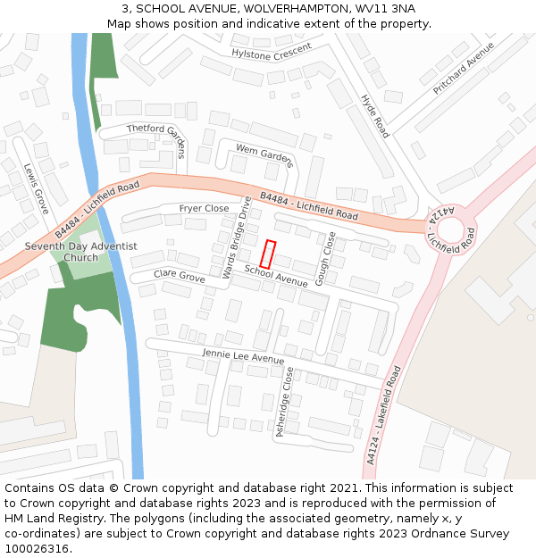 3, SCHOOL AVENUE, WOLVERHAMPTON, WV11 3NA: Location map and indicative extent of plot