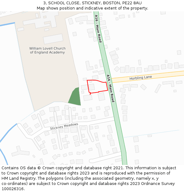3, SCHOOL CLOSE, STICKNEY, BOSTON, PE22 8AU: Location map and indicative extent of plot