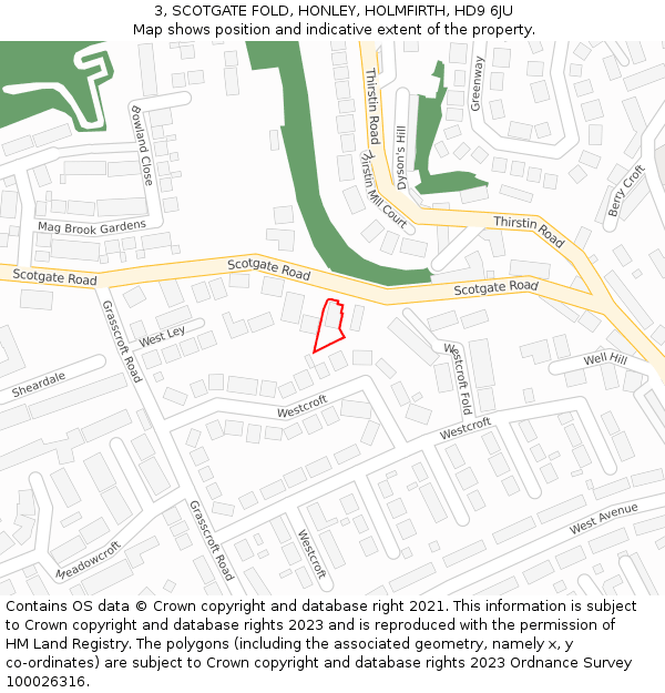 3, SCOTGATE FOLD, HONLEY, HOLMFIRTH, HD9 6JU: Location map and indicative extent of plot